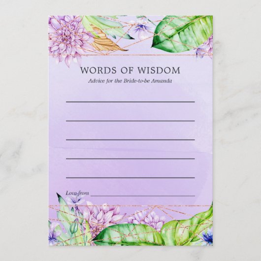 ラベンダーおよび金ゴールドフローラ幾何学的ブライダルシャワー アドバイスカード (正面)
