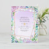 ラベンダーおよび金ゴールドフローラ幾何学的ブライダルシャワー 招待状 (スタンド正面)