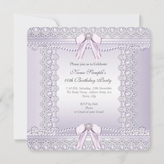 ラベンダーかわいらしパールスレースボウバースデーパーティー 招待状 (裏面)