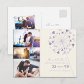 ラベンダーたんぽぽハートの4枚写真入り結婚式の延期・日程変更のお知らせ 案内ポストカード (正面/裏面)