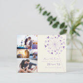 ラベンダーたんぽぽハートの4枚写真入り結婚式の延期・日程変更のお知らせ 案内ポストカード (スタンド正面)