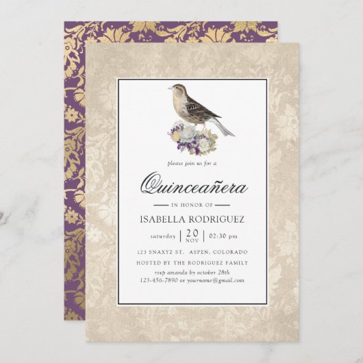 ラベンダーとアイボリーのヴィンテージ キンセアニエラ 招待状 (正面/裏面)