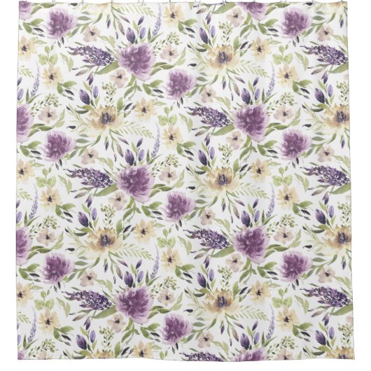 ラベンダーとイエローウォーターの色のフローラルパターン シャワーカーテン (正面)