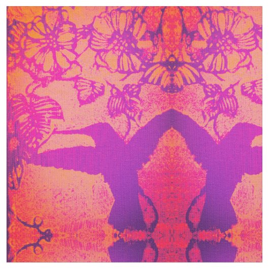 ラベンダーとオレンジのハummingbird生地 ファブリック (クローズアップ)