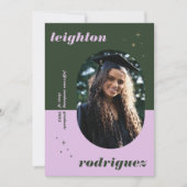 ラベンダーとグリーンの写真の卒業発表 案内状 (正面)