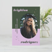 ラベンダーとグリーンの写真の卒業発表 案内状 (スタンド正面)