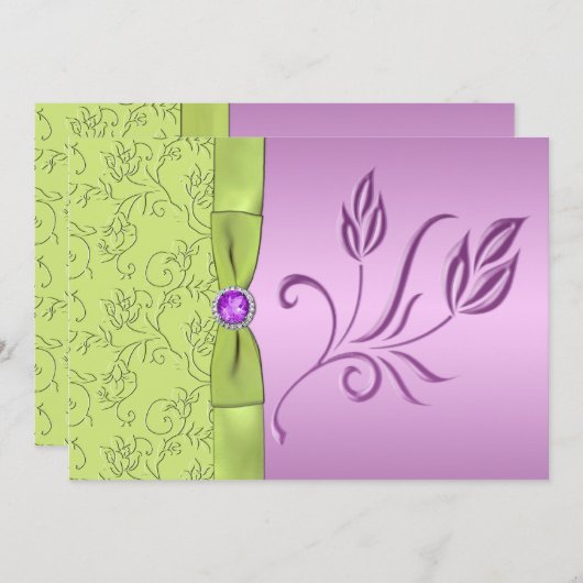 ラベンダーとグリーンの宝石で飾られた結婚式招待状 招待状 (正面/裏面)