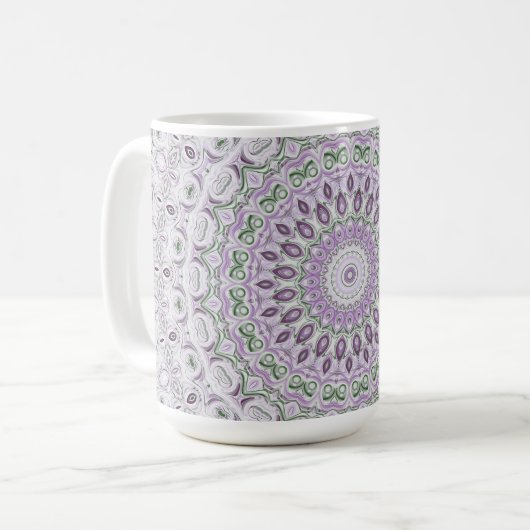 ラベンダーとグリーンの曼荼羅パターン柄 コーヒーマグカップ (正面左)