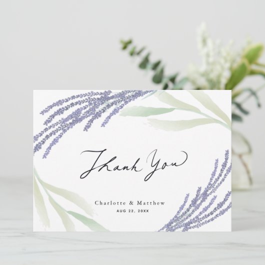 ラベンダーとグリーン結婚のカリグラフィ サンキューカード (スタンド正面)