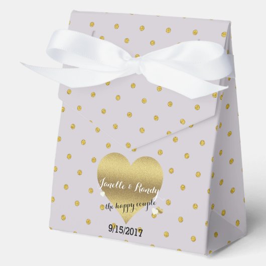 ラベンダーとゴールドのハートポルカドットシャワーパーティー フェイバーボックス (正面)