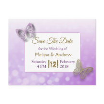 ラベンダーとゴールドの蝶 Save the Dates ウェディング