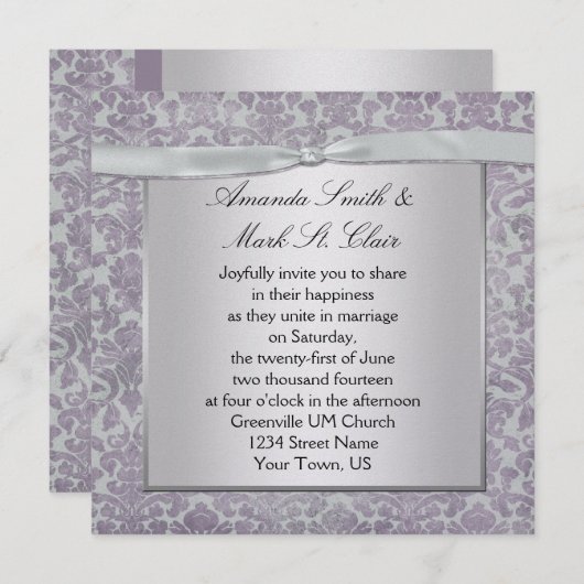 ラベンダーとシルバーのグランジダマスクの結婚式のinvitati 招待状 (正面/裏面)