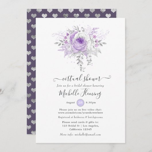 ラベンダーとシルバーのフローラバーチャルシャワー 招待状 (正面/裏面)
