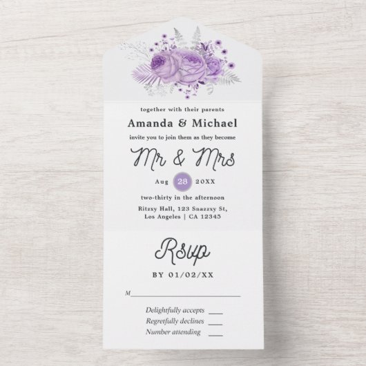 ラベンダーとシルバーの花の結婚式 オールインワン招待状 (内側)