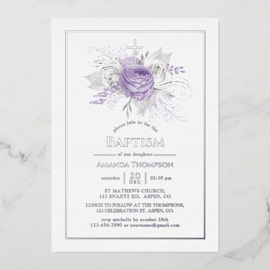 ラベンダーとシルバーフローラバプティスフォイル招待状 箔招待状 (正面)