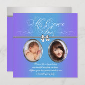 ラベンダーとティール(緑がかった色)ブルーパープルフォトキンセアニェラ 招待状 (正面/裏面)