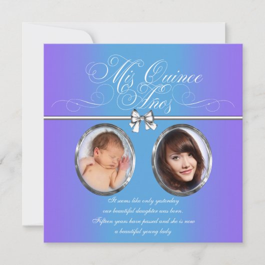 ラベンダーとティール(緑がかった色)ブルーパープルフォトキンセアニェラ 招待状 (正面)