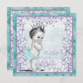 ラベンダーとティール（緑がかった色）ブルーベビーガールシャワー 招待状 (正面/裏面)