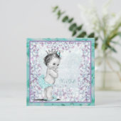 ラベンダーとティール（緑がかった色）ブルーベビーガールシャワー 招待状 (スタンド正面)