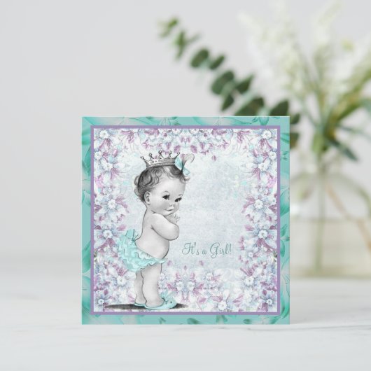 ラベンダーとティール(緑がかった色)ブルーベビーガールシャワー 招待状 (スタンド正面)