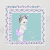 ラベンダーとティール(緑がかった色)ブルーベビーシャワー 招待状 (正面/裏面)