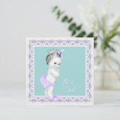 ラベンダーとティール(緑がかった色)ブルーベビーシャワー 招待状 (スタンド正面)