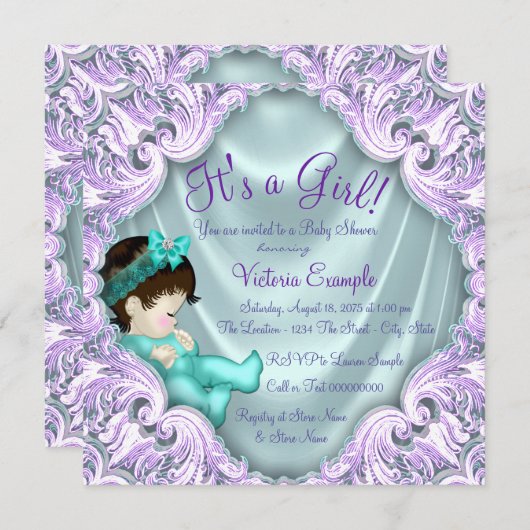 ラベンダーとティール(緑がかった色)ベビーシャワー 招待状 (正面/裏面)