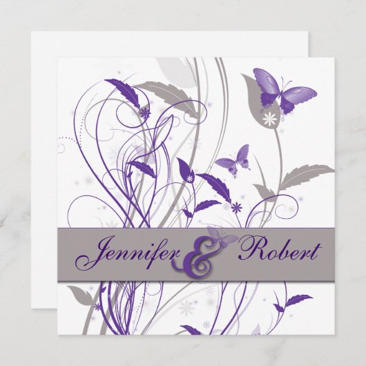 ラベンダーとパープルの蝶の記念日 招待状 (正面/裏面)