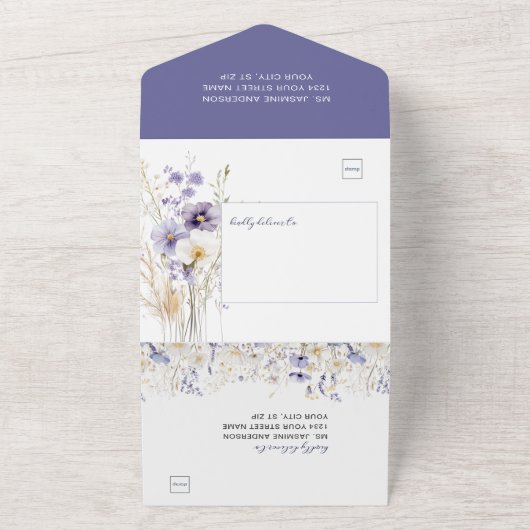 ラベンダーとパープルワイルドフラワー結婚式招待状 オールインワン招待状 (外側)