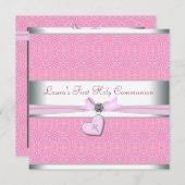 ラベンダーとピンクのハートピンクのクロス最初の聖体 招待状 (正面/裏面)