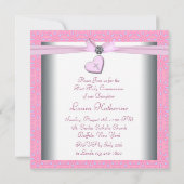 ラベンダーとピンクのハートピンクのクロス最初の聖体 招待状 (裏面)