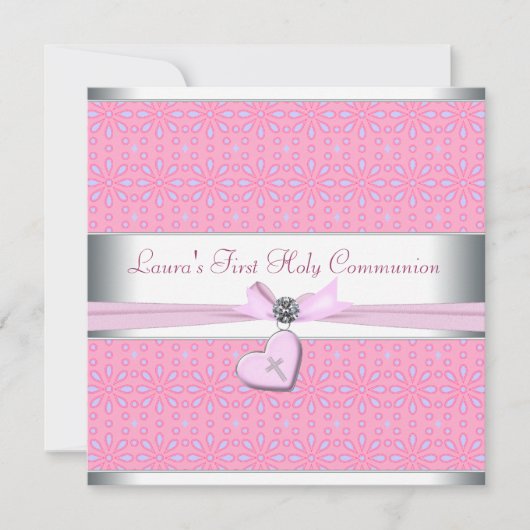 ラベンダーとピンクのハートピンクのクロス最初の聖体 招待状 (正面)