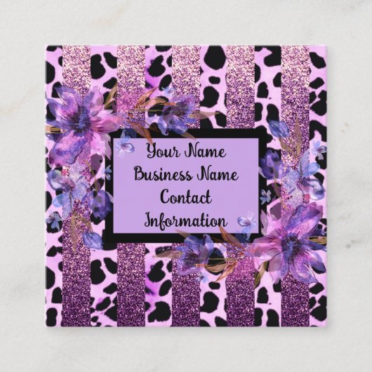 ラベンダーとピンクのヒョウ柄のデザイン スクエア名刺 (正面)