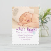 ラベンダーとピンクの写真誕生のお知らせ 招待状 (スタンド正面)