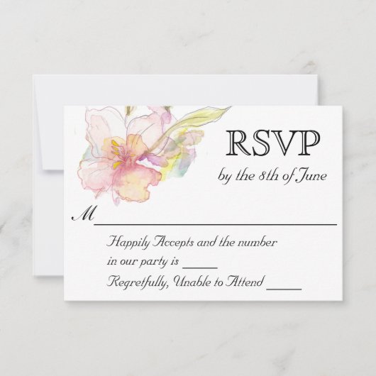 ラベンダーとピンクの水カラーフローラウェディングRSVP 出欠カード (正面)