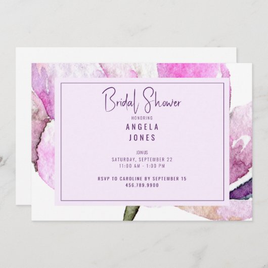 ラベンダーとピンクウォーターカラーフローラ 招待状 (正面/裏面)