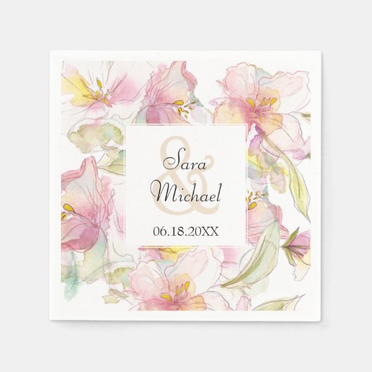 ラベンダーとピンクパステルウォーターカラー結婚フローラ スタンダードカクテルナプキン (正面)