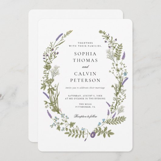ラベンダーとベビーブレスワイルドフラワーリース結婚ズ 招待状 (正面/裏面)