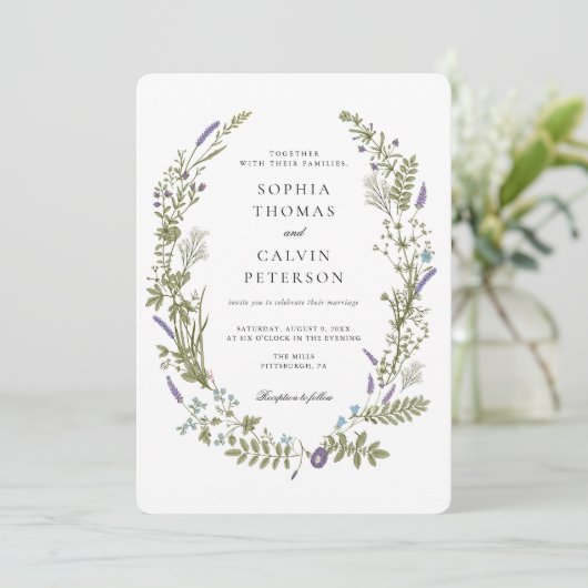 ラベンダーとベビーブレスワイルドフラワーリース結婚ズ 招待状 (スタンド正面)