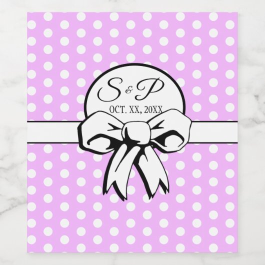 ラベンダーとホワイトの水玉模様のホワイトリボン　オーダーメイド ワインラベル (シングルラベル)