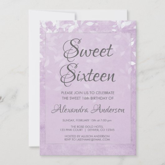ラベンダーとホワイトスウィート16誕生日パーティー 招待状 (正面)