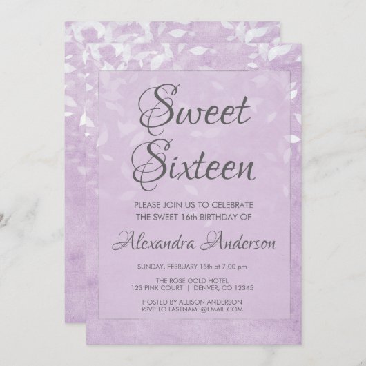 ラベンダーとホワイトスウィート16誕生日パーティー 招待状 (正面/裏面)