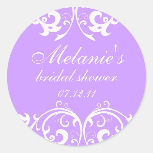 ラベンダーとホワイトダマスクブライダルシャワーシール ラウンドシール (正面)