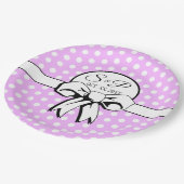 ラベンダーとホワイト水玉模様ホワイトボウをパーソナライズ ペーパープレート (アングル)