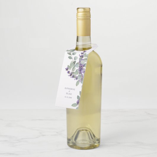 ラベンダーとユーカリの名前と日付ワイ結婚ンの ボトルネックタグ (アングル)