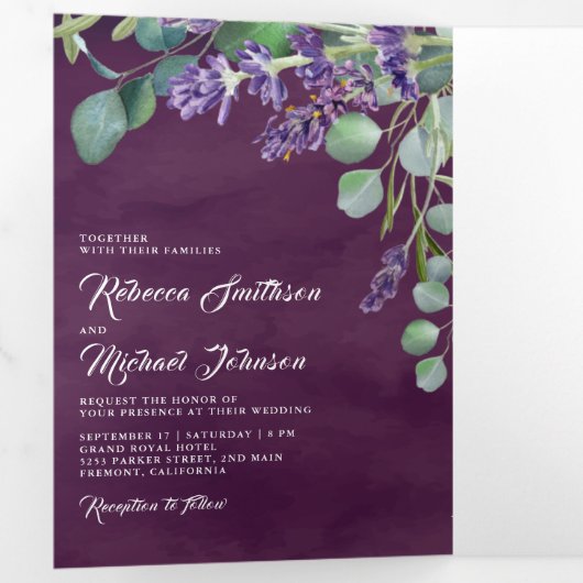 ラベンダーとユーカリ写真アーチパープル結婚ズ 三つ折り招待状 (内部最初)
