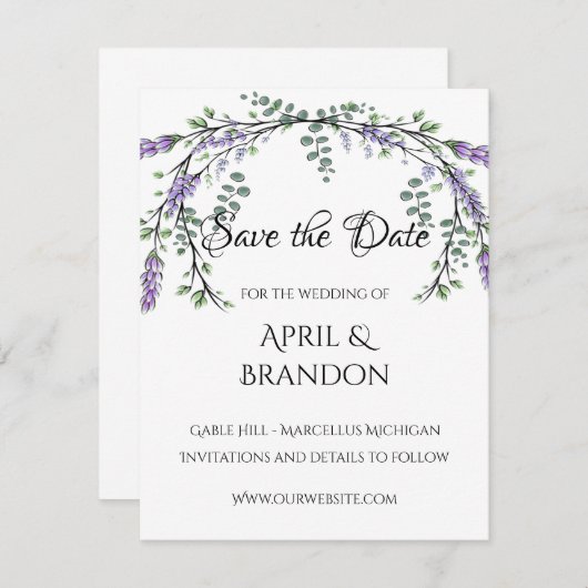 ラベンダーとユーカリ結婚プス セーブザデート (正面/裏面)