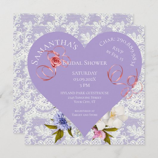 ラベンダーとレースハートブライダルシャワー招待 招待状 (正面/裏面)