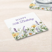 ラベンダーとワイルドフラワーハッピー50誕生日 スクエアペーパーコースター (アングル)