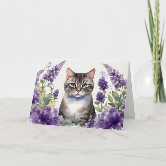 ラベンダーと水彩画の猫 カード (正面)